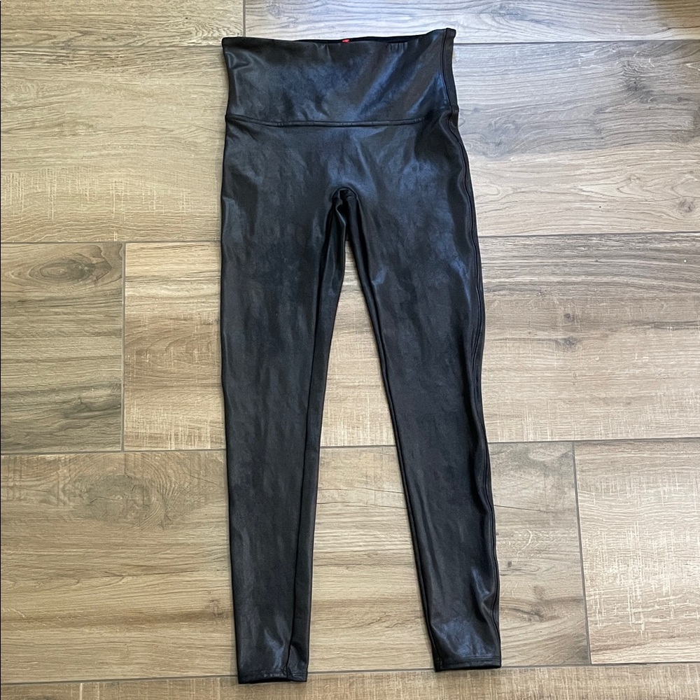 Spanx Leggings Womens Large Black High-Waisted Supportive Faux Leather Tights